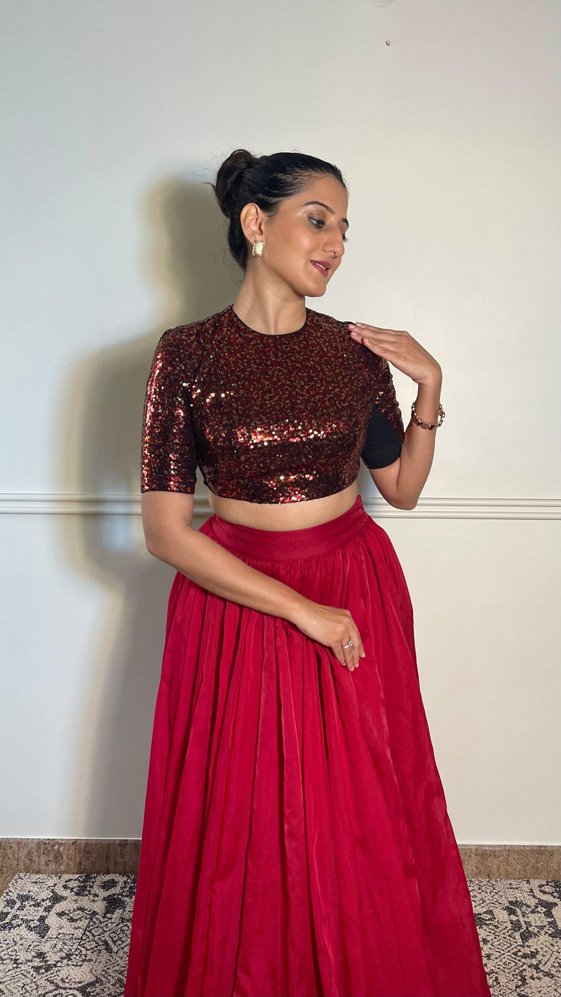 Surina x Tyohaar | Elbow Sleeves Red Sequined Shimmer Saree Blouse with Jewel Neck-Binks
