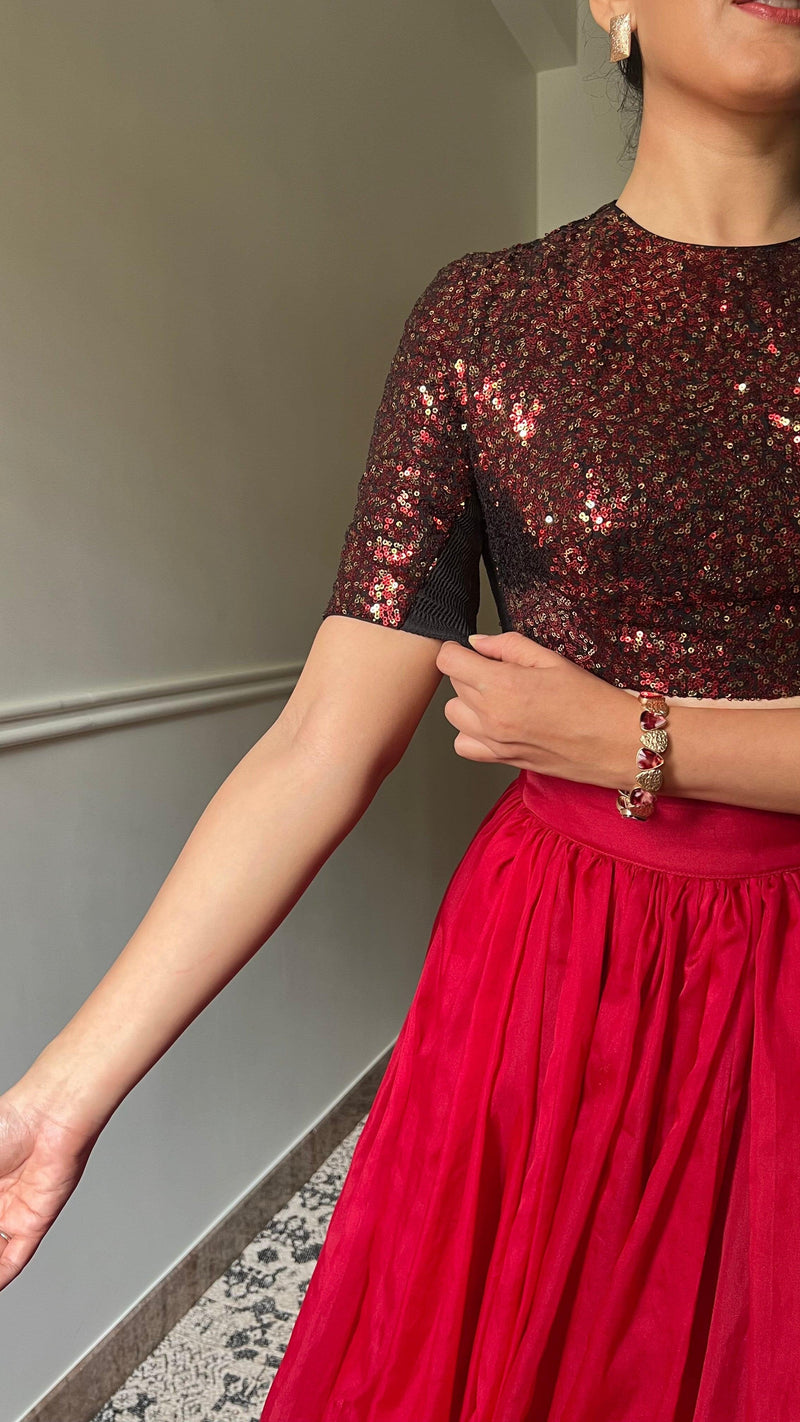 Surina x Tyohaar | Elbow Sleeves Red Sequined Shimmer Saree Blouse with Jewel Neck-Binks