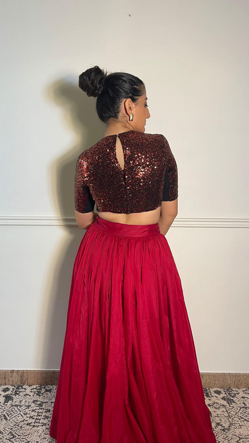 Surina x Tyohaar | Elbow Sleeves Red Sequined Shimmer Saree Blouse with Jewel Neck-Binks