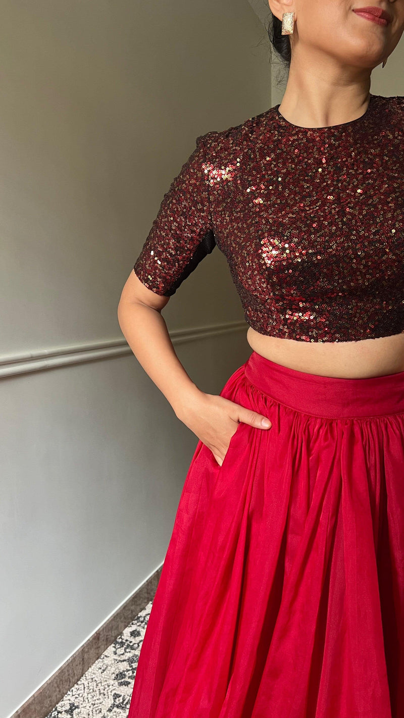 Surina x Tyohaar | Elbow Sleeves Red Sequined Shimmer Saree Blouse with Jewel Neck-Binks