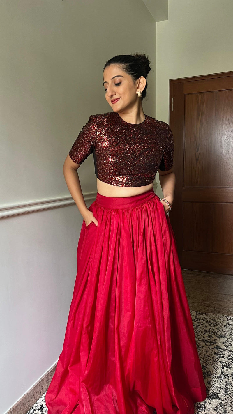 Surina x Tyohaar | Elbow Sleeves Red Sequined Shimmer Saree Blouse with Jewel Neck-Binks