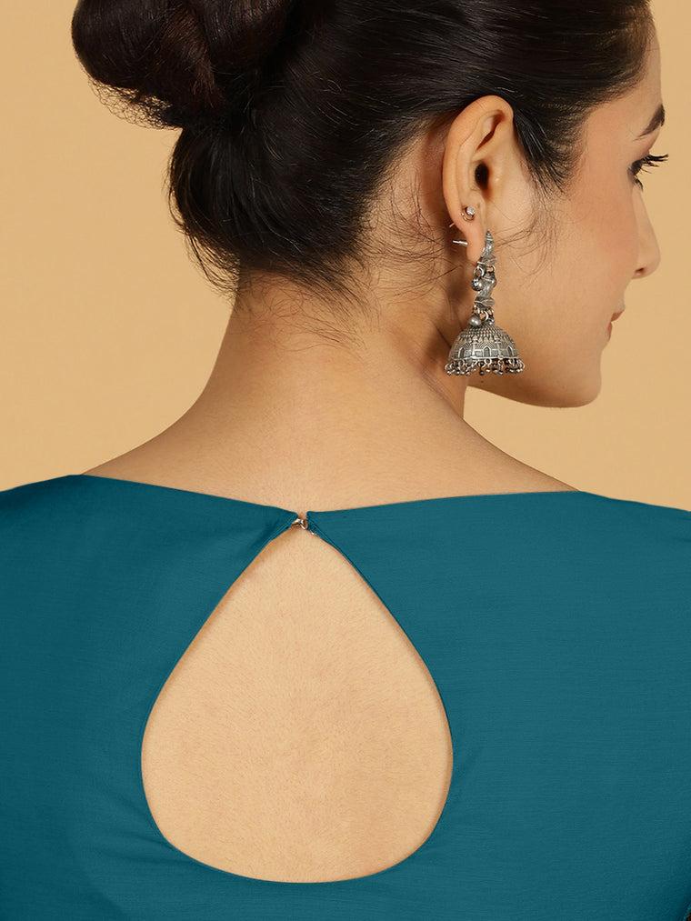 Sushma x Rozaana Saree Blouse, in Blue Viscose, featuring elbow sleeves and boat neckline, made for daily & work (view 2).