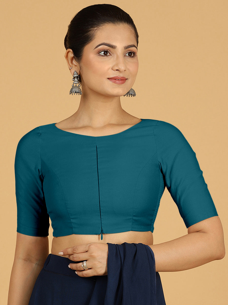 Sushma x Rozaana Saree Blouse, in Blue Viscose, featuring elbow sleeves and boat neckline, made for daily & work (view 8).