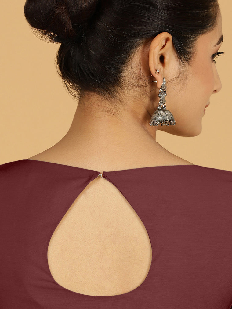 Sushma x Rozaana Saree Blouse, in Maroon Viscose, featuring elbow sleeves and boat neckline, made for daily & work (view 2).