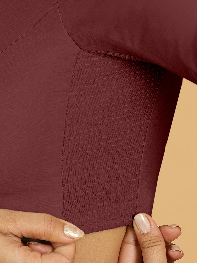 Sushma x Rozaana Saree Blouse, in Maroon Viscose, featuring elbow sleeves and boat neckline, made for daily & work (view 3).