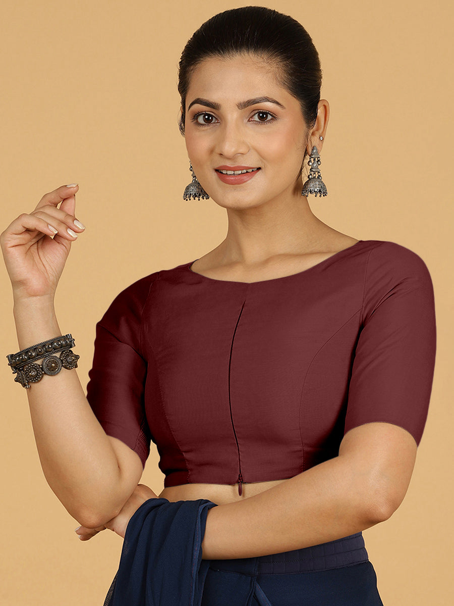 Sushma x Rozaana Saree Blouse, in Maroon Viscose, featuring elbow sleeves and boat neckline, made for daily & work (view 6).