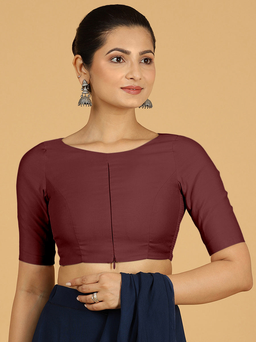 Sushma x Rozaana Saree Blouse, in Maroon Viscose, featuring elbow sleeves and boat neckline, made for daily & work (view 7).