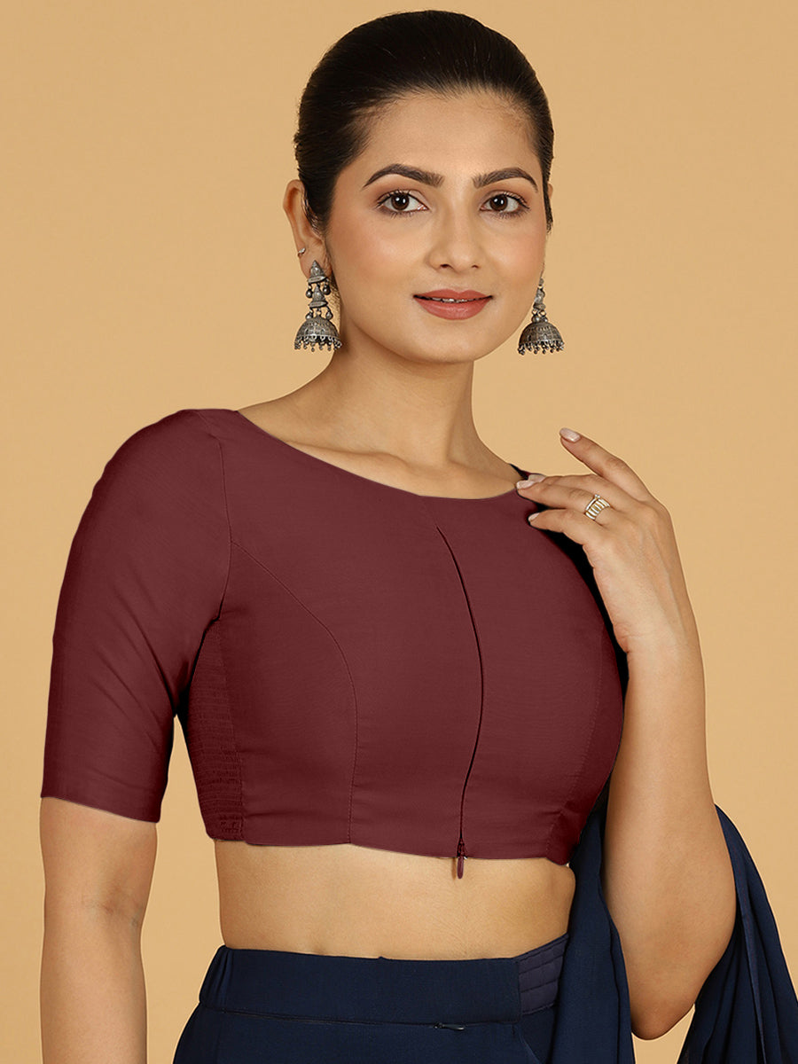 Sushma x Rozaana Saree Blouse, in Maroon Viscose, featuring elbow sleeves and boat neckline, made for daily & work (view 8).