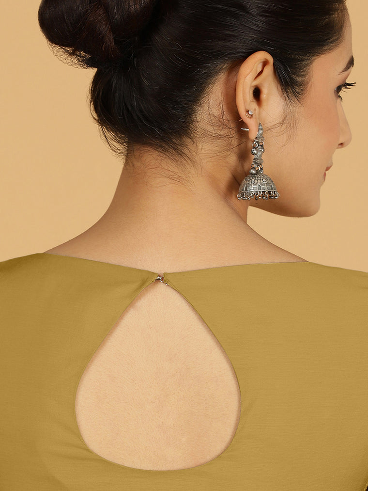 Sushma x Rozaana Saree Blouse, in Yellow Viscose, featuring elbow sleeves and boat neckline, made for daily & work (view 2).