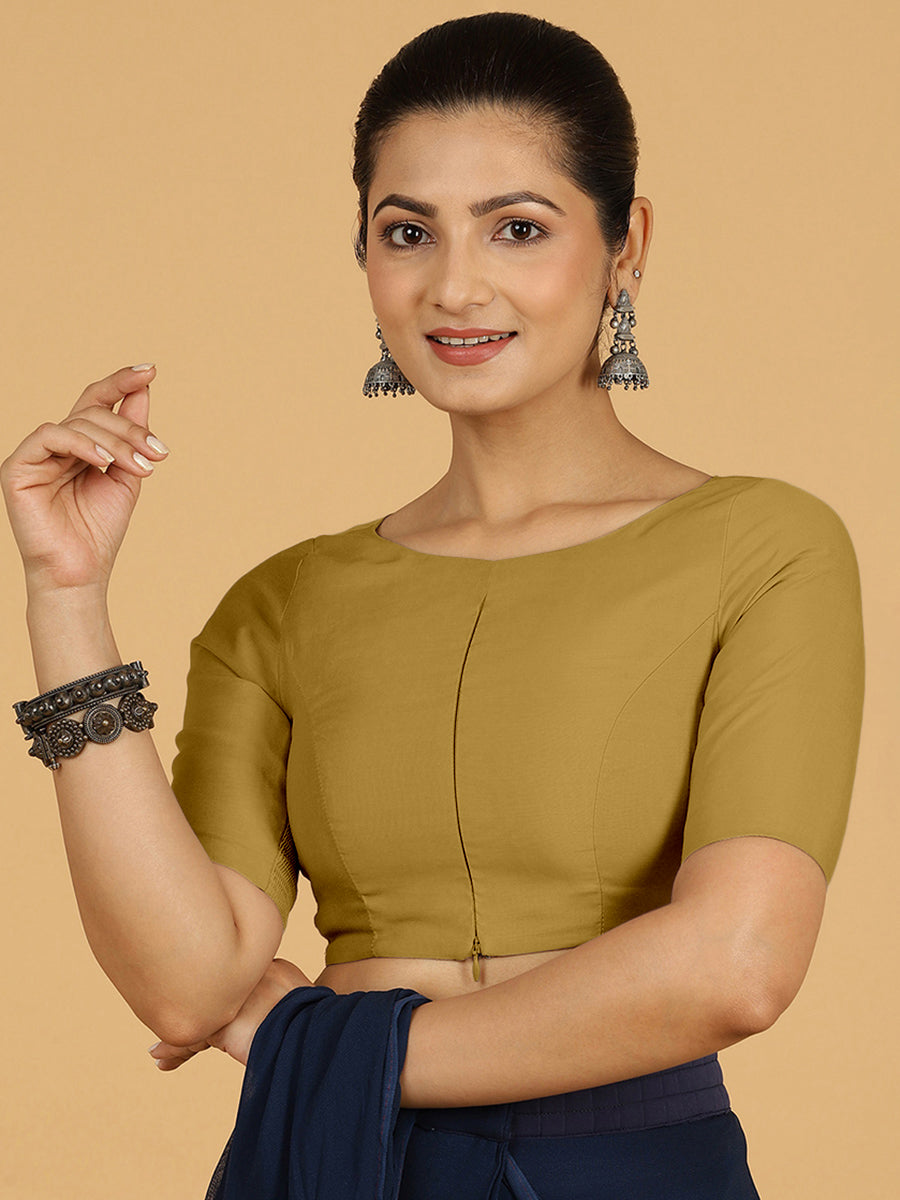 Sushma x Rozaana Saree Blouse, in Yellow Viscose, featuring elbow sleeves and boat neckline, made for daily & work (view 7).