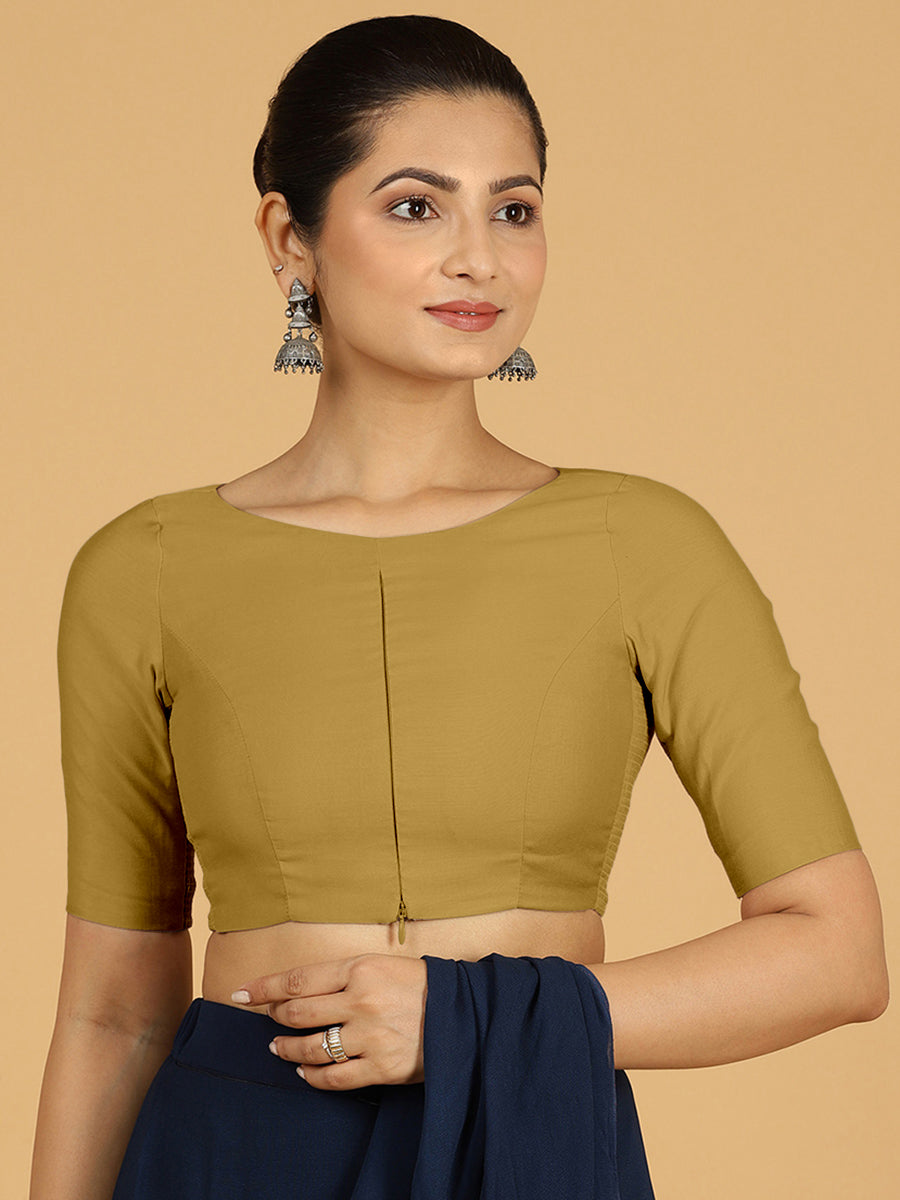 Sushma x Rozaana Saree Blouse, in Yellow Viscose, featuring elbow sleeves and boat neckline, made for daily & work (view 8).
