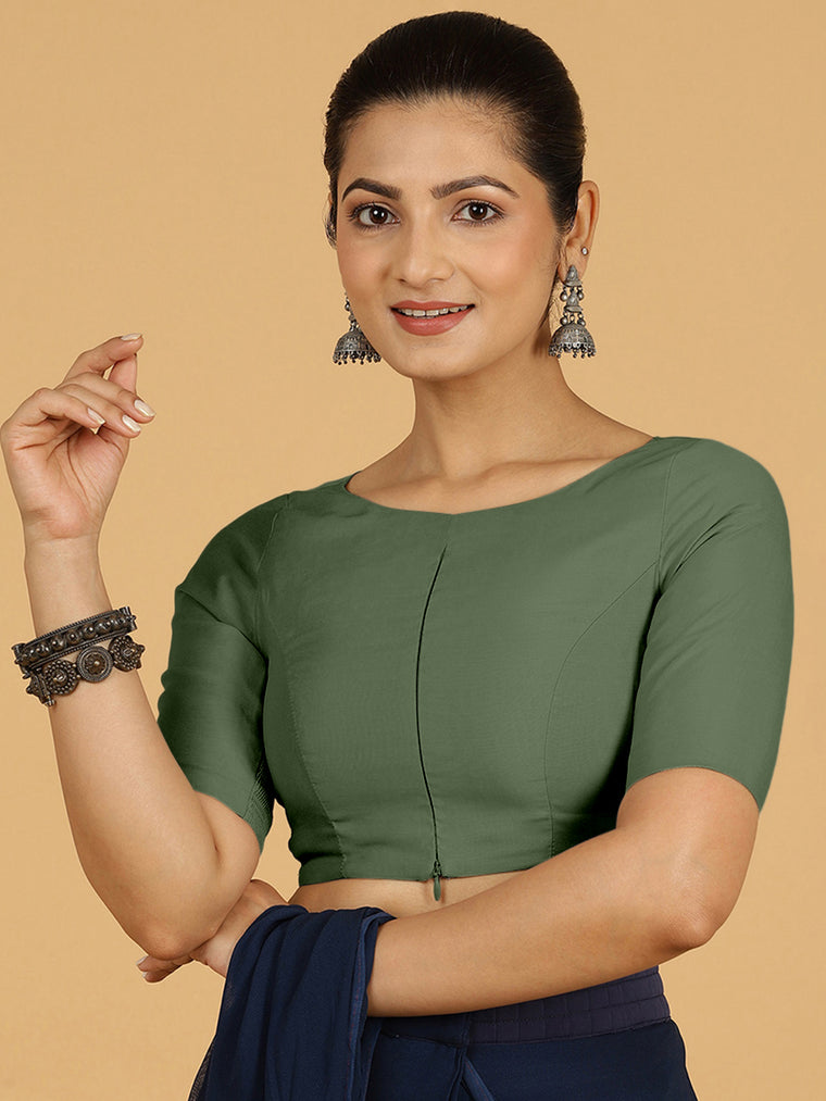 Sushma x Rozaana Saree Blouse, in Green Viscose, featuring elbow sleeves and boat neckline, made for daily & work.