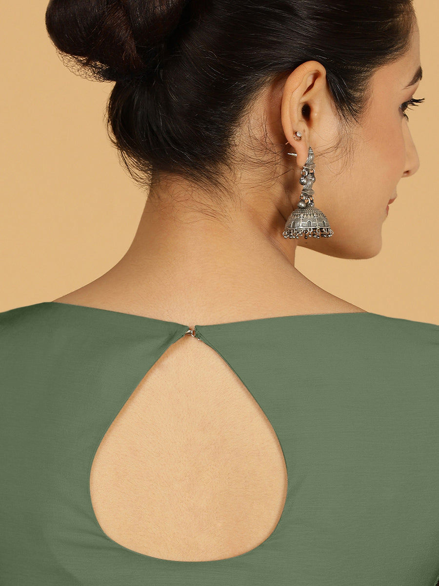 Sushma x Rozaana Saree Blouse, in Green Viscose, featuring elbow sleeves and boat neckline, made for daily & work (view 2).