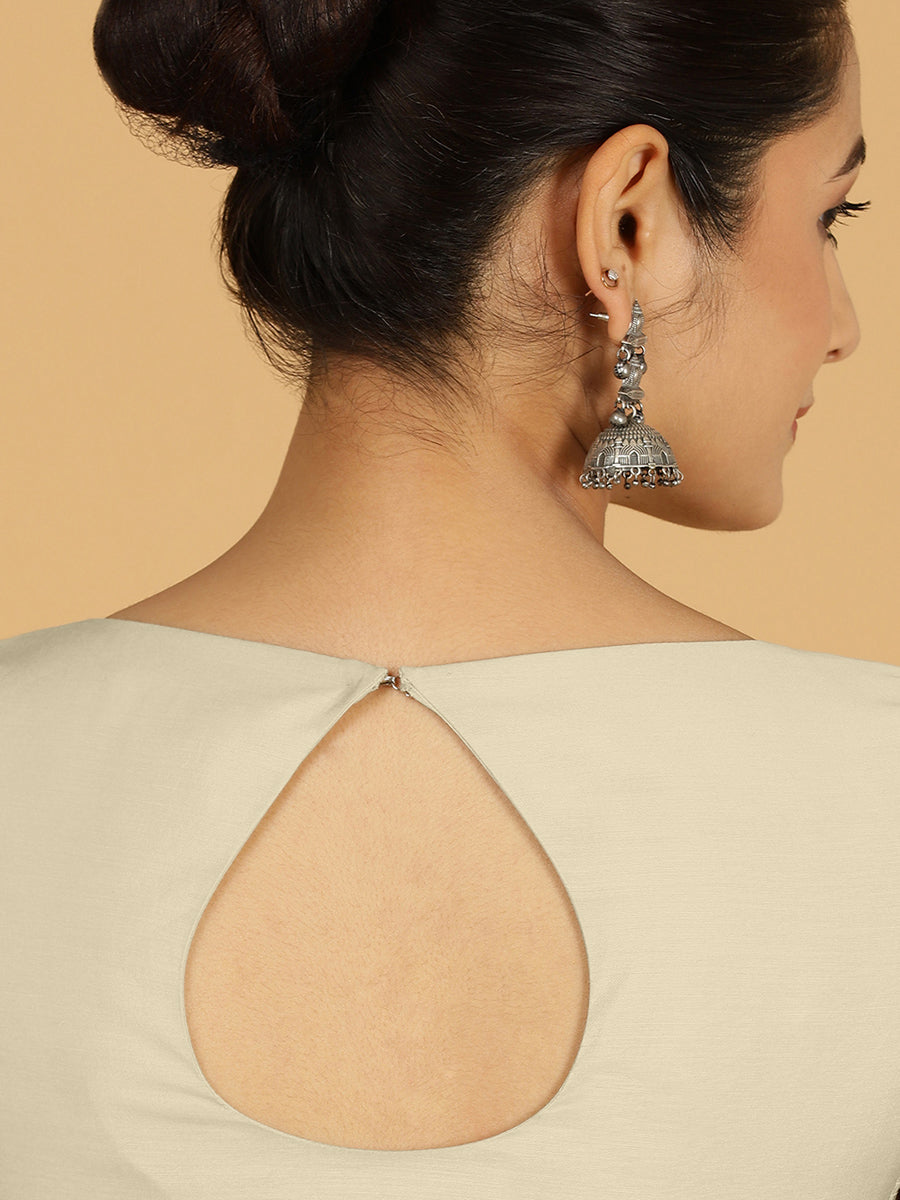 Sushma x Rozaana Saree Blouse, in Cream Viscose, featuring elbow sleeves and boat neckline, made for daily & work (view 2).