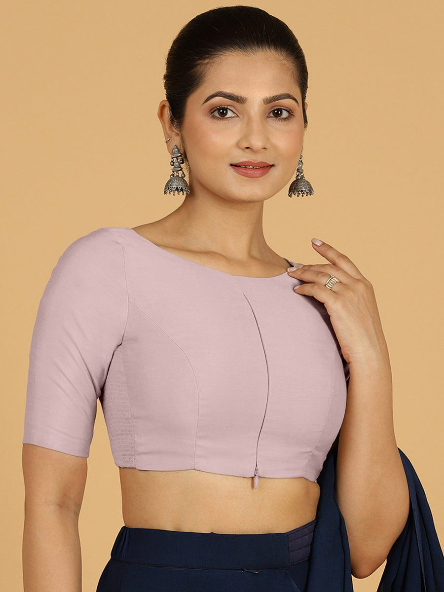 Sushma x Rozaana Saree Blouse, in Purple Viscose, featuring elbow sleeves and boat neckline, made for daily & work.