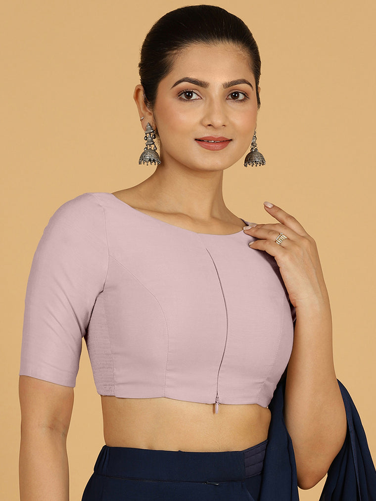 Sushma x Rozaana Saree Blouse, in Purple Viscose, featuring elbow sleeves and boat neckline, made for daily & work.