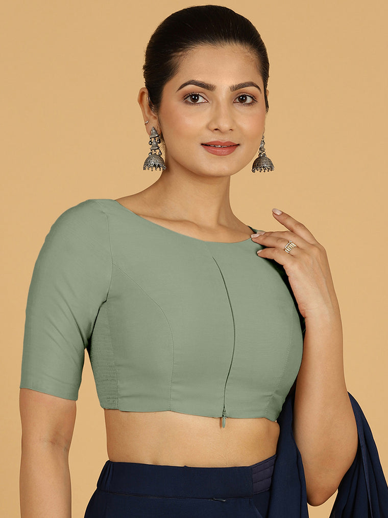 Sushma x Rozaana Saree Blouse, in Green Viscose, featuring elbow sleeves and boat neckline, made for daily & work.