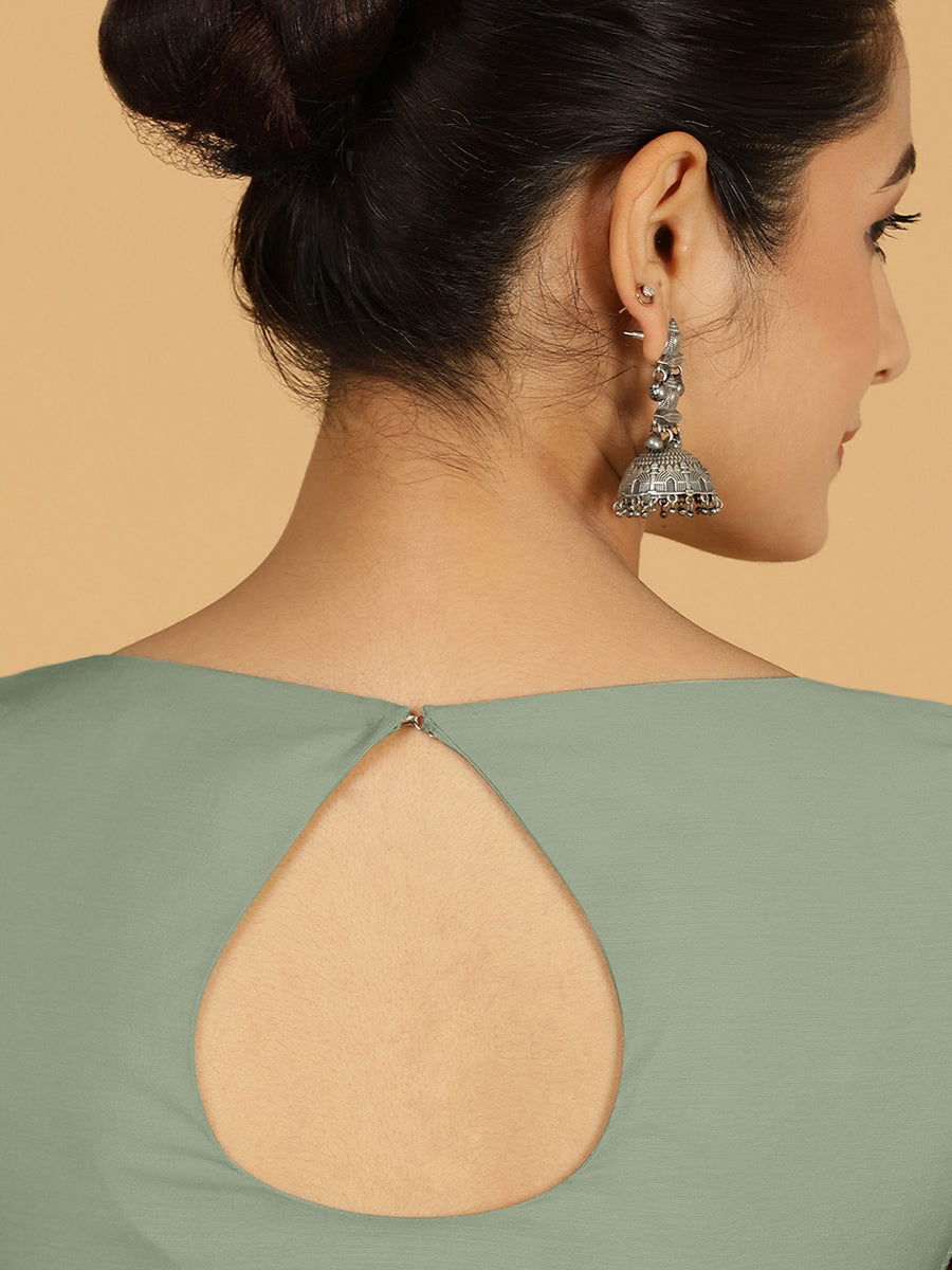 Sushma x Rozaana Saree Blouse, in Green Viscose, featuring elbow sleeves and boat neckline, made for daily & work (view 2).