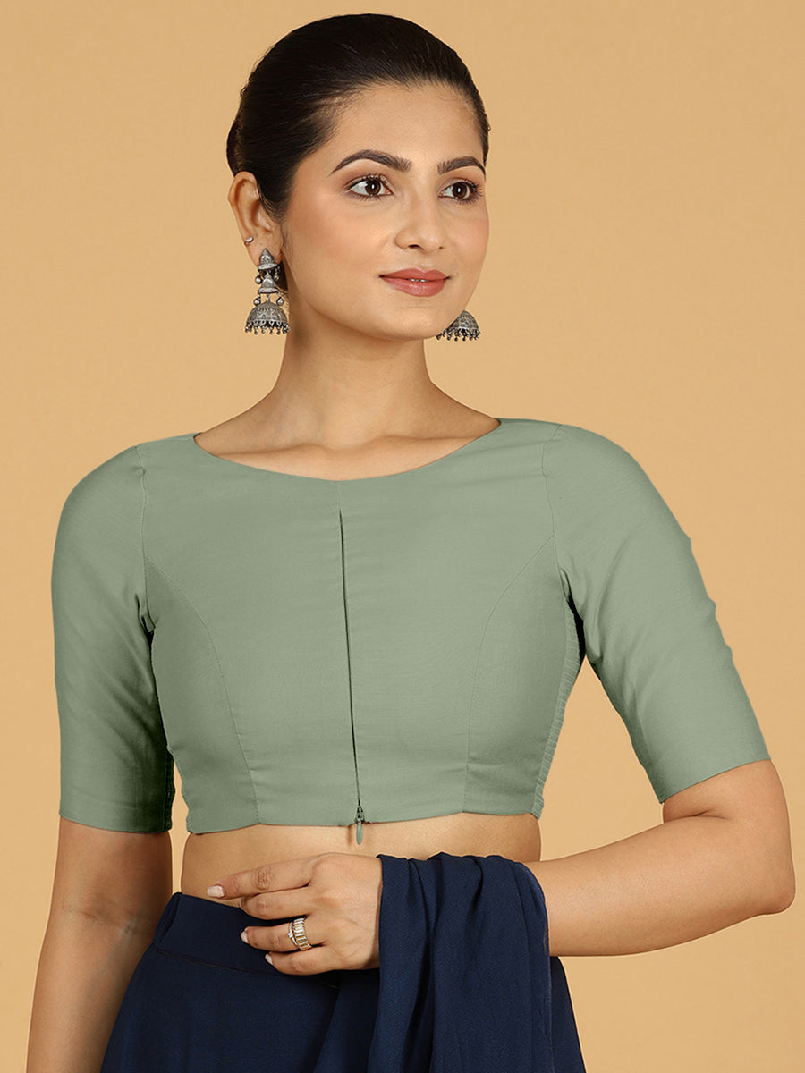 Sushma x Rozaana Saree Blouse, in Green Viscose, featuring elbow sleeves and boat neckline, made for daily & work (view 8).