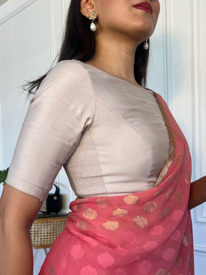 Sushma x Rozaana | Regular Sleeves Saree Blouse in Oyster Grey-Binks