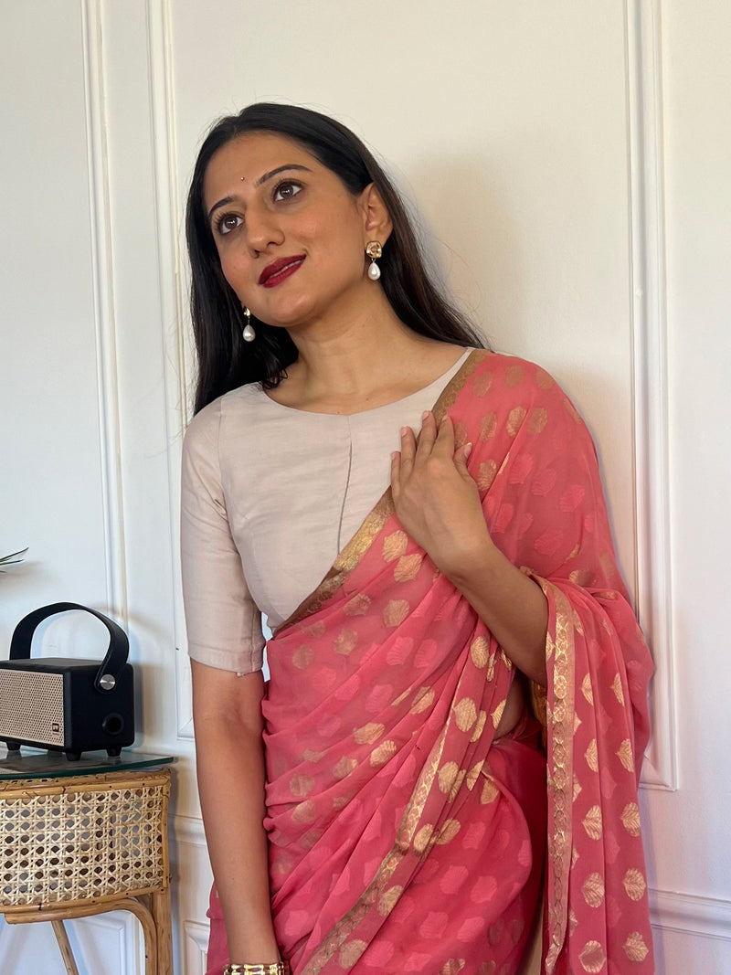 Sushma x Rozaana | Regular Sleeves Saree Blouse in Oyster Grey-Binks