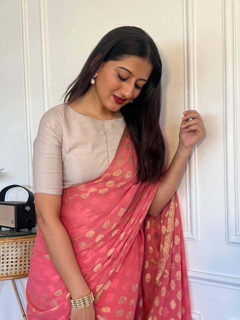 Sushma x Rozaana | Regular Sleeves Saree Blouse in Oyster Grey-Binks