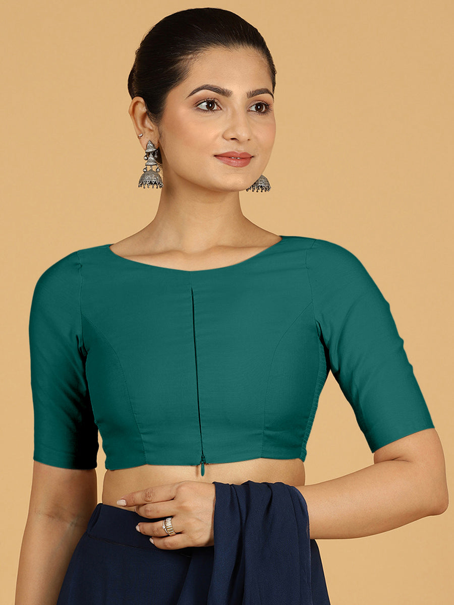 Sushma x Rozaana Saree Blouse, in Green Viscose, featuring elbow sleeves and boat neckline, made for daily & work (view 8).