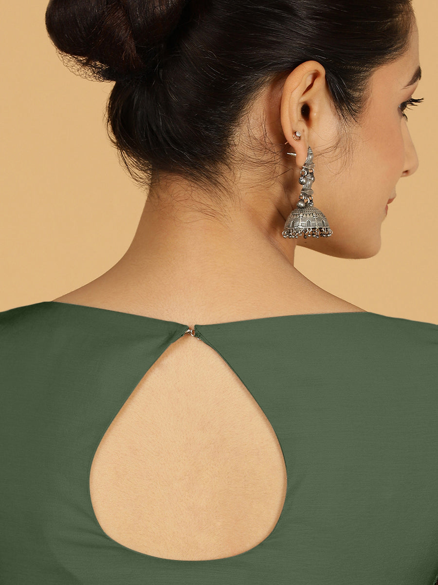 Sushma x Rozaana Saree Blouse, in Green Viscose, featuring elbow sleeves and boat neckline, made for daily & work (view 2).