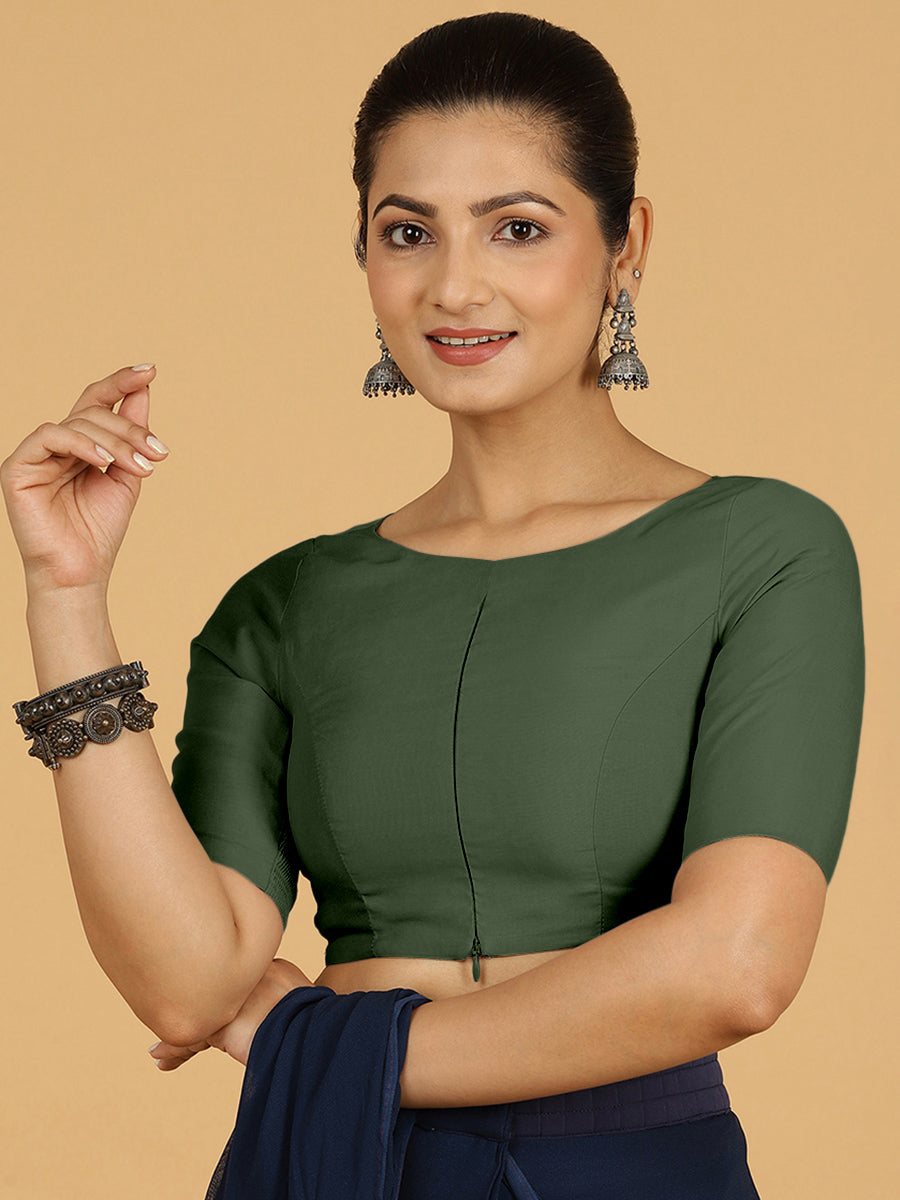 Sushma x Rozaana Saree Blouse, in Green Viscose, featuring elbow sleeves and boat neckline, made for daily & work (view 6).