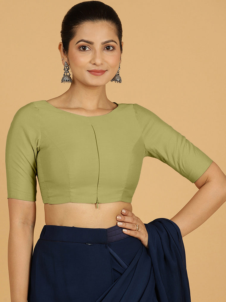 Sushma x Rozaana Saree Blouse, in Green Viscose, featuring elbow sleeves and boat neckline, made for daily & work.