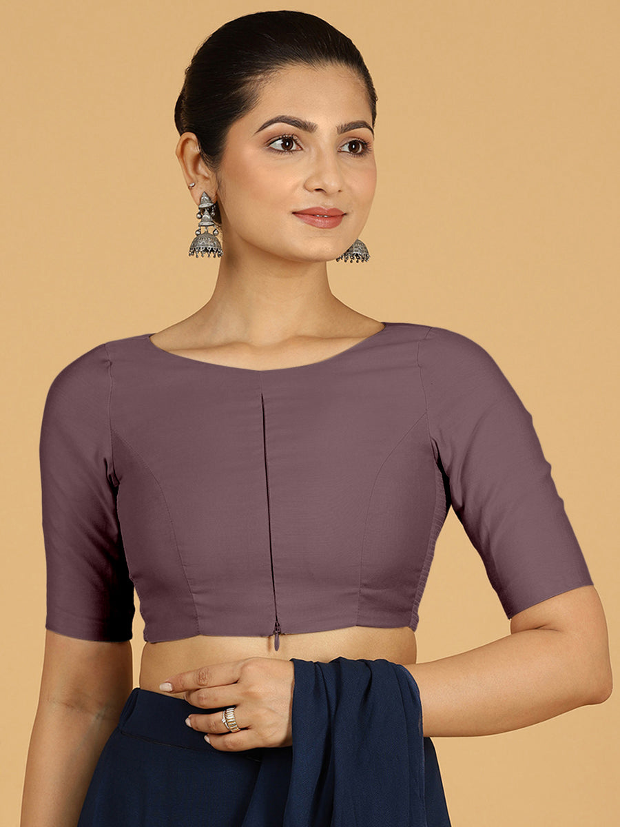 Sushma x Rozaana Saree Blouse, in Purple Viscose, featuring elbow sleeves and boat neckline, made for daily & work.