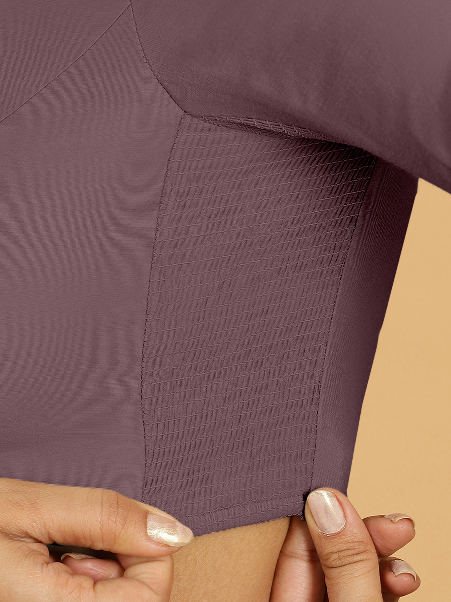 Sushma x Rozaana Saree Blouse, in Purple Viscose, featuring elbow sleeves and boat neckline, made for daily & work (view 3).