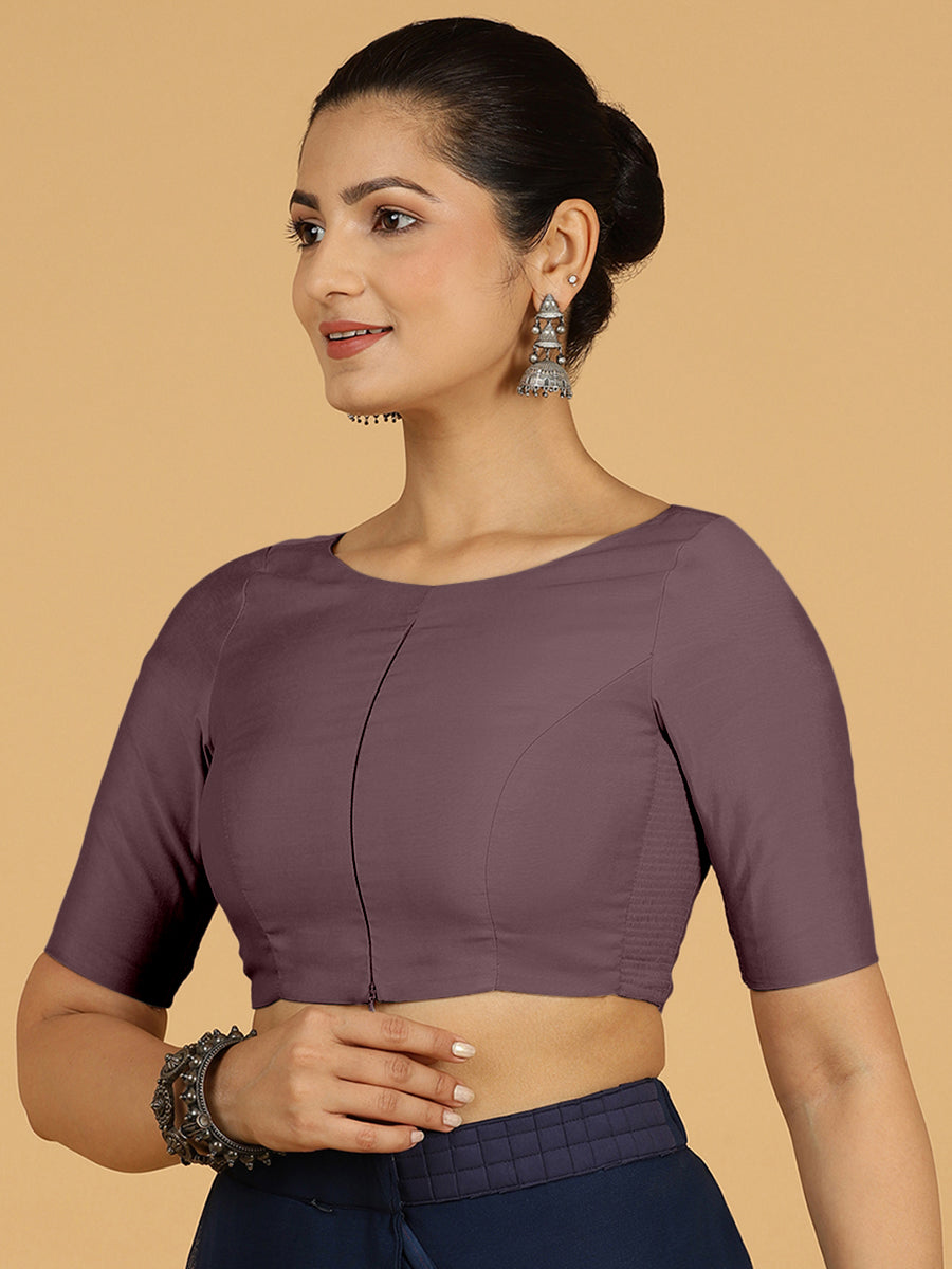Sushma x Rozaana Saree Blouse, in Purple Viscose, featuring elbow sleeves and boat neckline, made for daily & work (view 6).