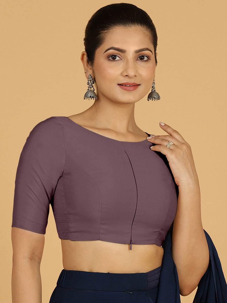 Sushma x Rozaana Saree Blouse, in Purple Viscose, featuring elbow sleeves and boat neckline, made for daily & work (view 8).