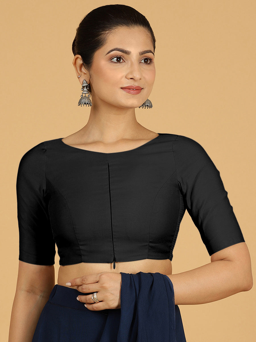 Sushma x Rozaana Saree Blouse, in Black Viscose, featuring elbow sleeves and boat neckline, made for daily & work.