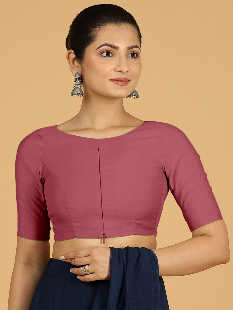 Sushma x Rozaana Saree Blouse, in Pink Viscose, featuring elbow sleeves and boat neckline, made for daily & work (view 8).