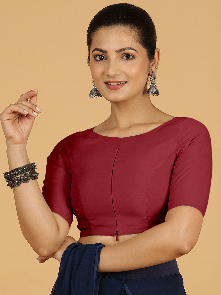 Sushma x Rozaana Saree Blouse, in Red Viscose, featuring elbow sleeves and boat neckline, made for daily & work.