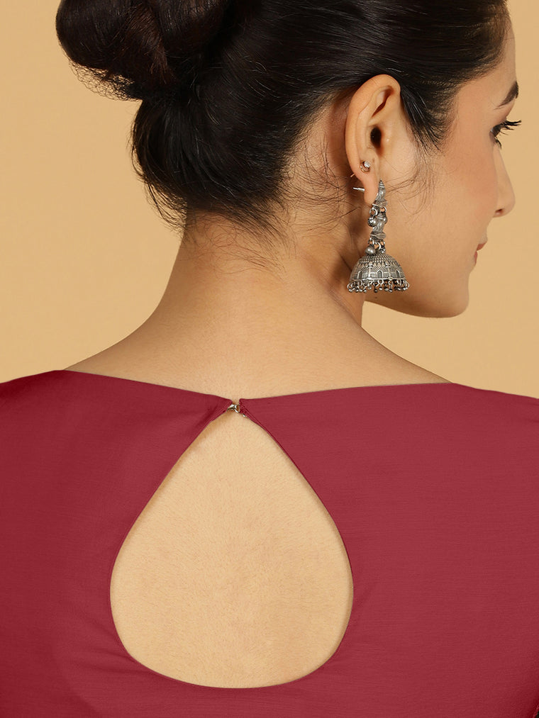 Sushma x Rozaana Saree Blouse, in Red Viscose, featuring elbow sleeves and boat neckline, made for daily & work (view 2).