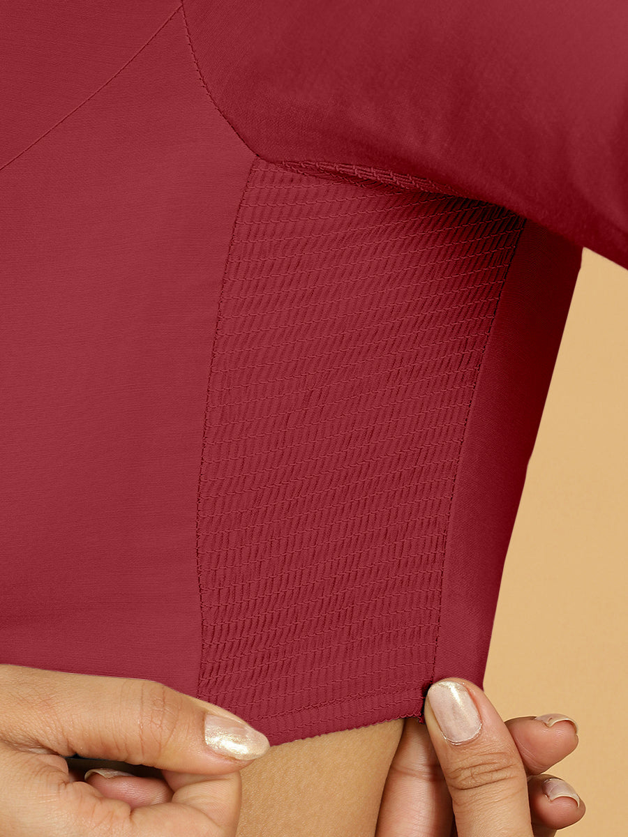 Sushma x Rozaana Saree Blouse, in Red Viscose, featuring elbow sleeves and boat neckline, made for daily & work (view 3).