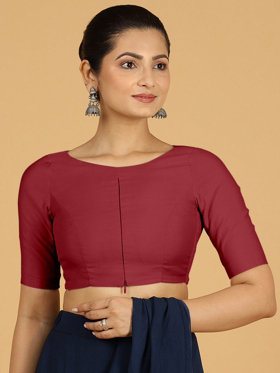Sushma x Rozaana Saree Blouse, in Red Viscose, featuring elbow sleeves and boat neckline, made for daily & work (view 7).
