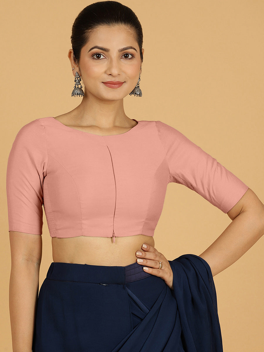 Sushma x Rozaana Saree Blouse, in Pink Viscose, featuring elbow sleeves and boat neckline, made for daily & work.