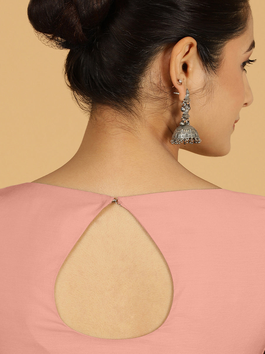 Sushma x Rozaana Saree Blouse, in Pink Viscose, featuring elbow sleeves and boat neckline, made for daily & work (view 2).