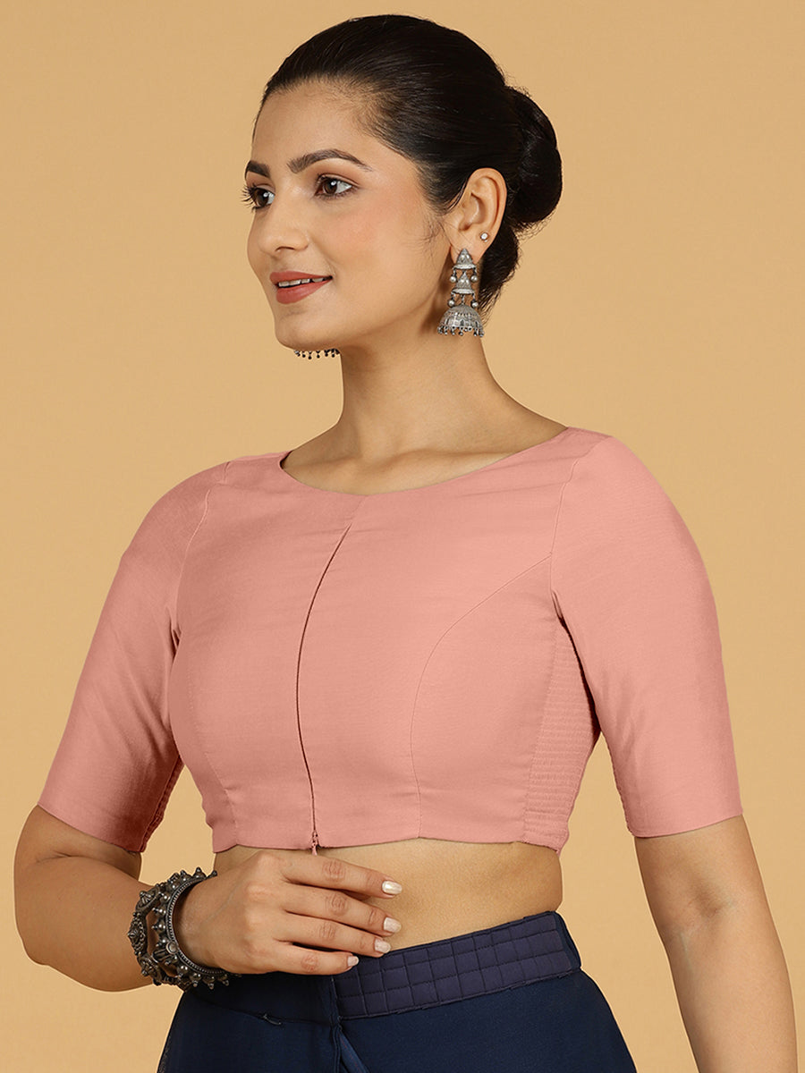 Sushma x Rozaana Saree Blouse, in Pink Viscose, featuring elbow sleeves and boat neckline, made for daily & work (view 6).
