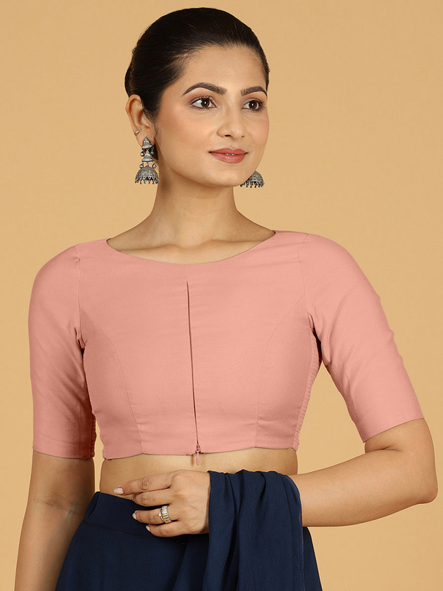 Sushma x Rozaana Saree Blouse, in Pink Viscose, featuring elbow sleeves and boat neckline, made for daily & work (view 8).