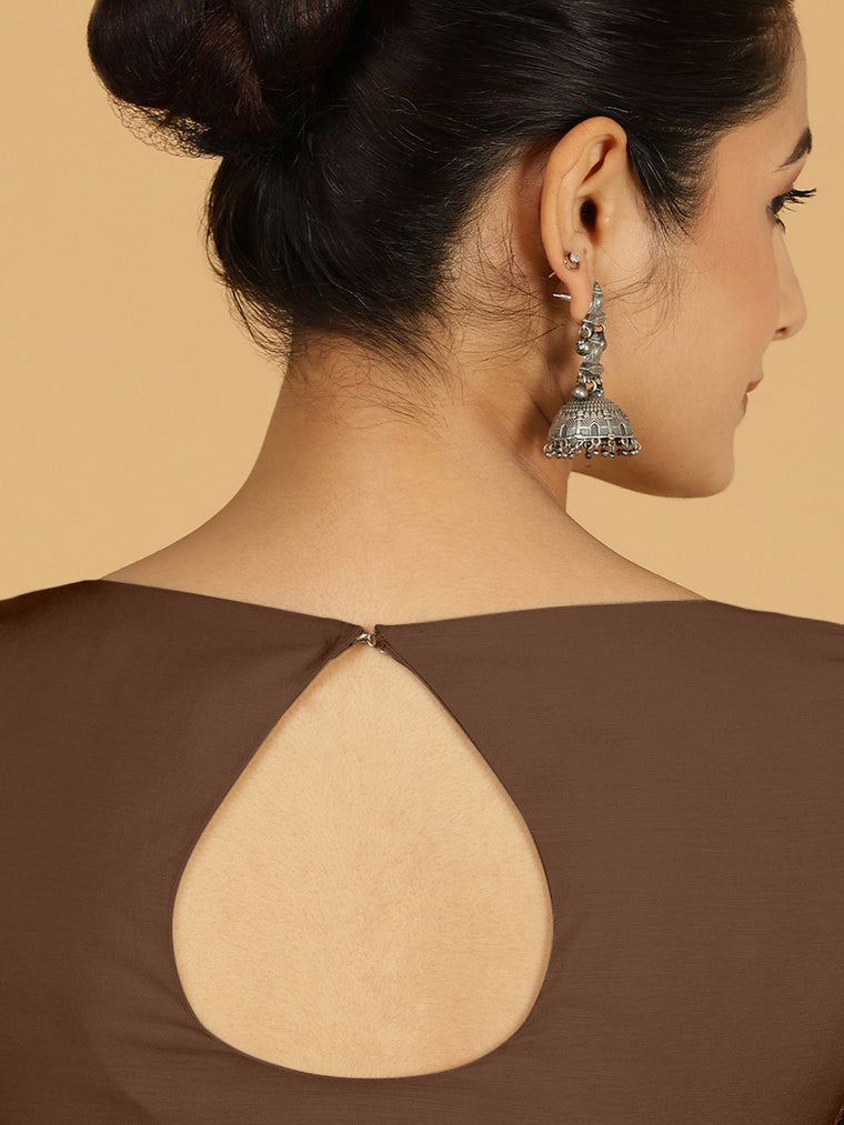 Sushma x Rozaana Saree Blouse, in Brown Viscose, featuring elbow sleeves and boat neckline, made for daily & work (view 2).