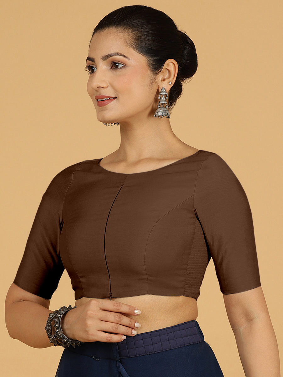 Sushma x Rozaana Saree Blouse, in Brown Viscose, featuring elbow sleeves and boat neckline, made for daily & work (view 6).