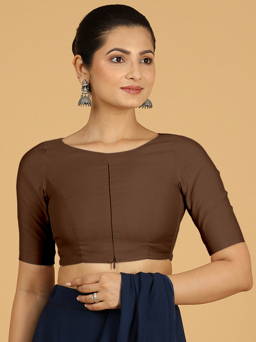Sushma x Rozaana Saree Blouse, in Brown Viscose, featuring elbow sleeves and boat neckline, made for daily & work (view 8).