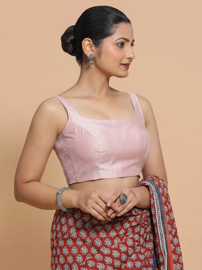Sushmita x Rozaana | Sleeveless Baby Pink Chanderi Saree Blouse-Binks