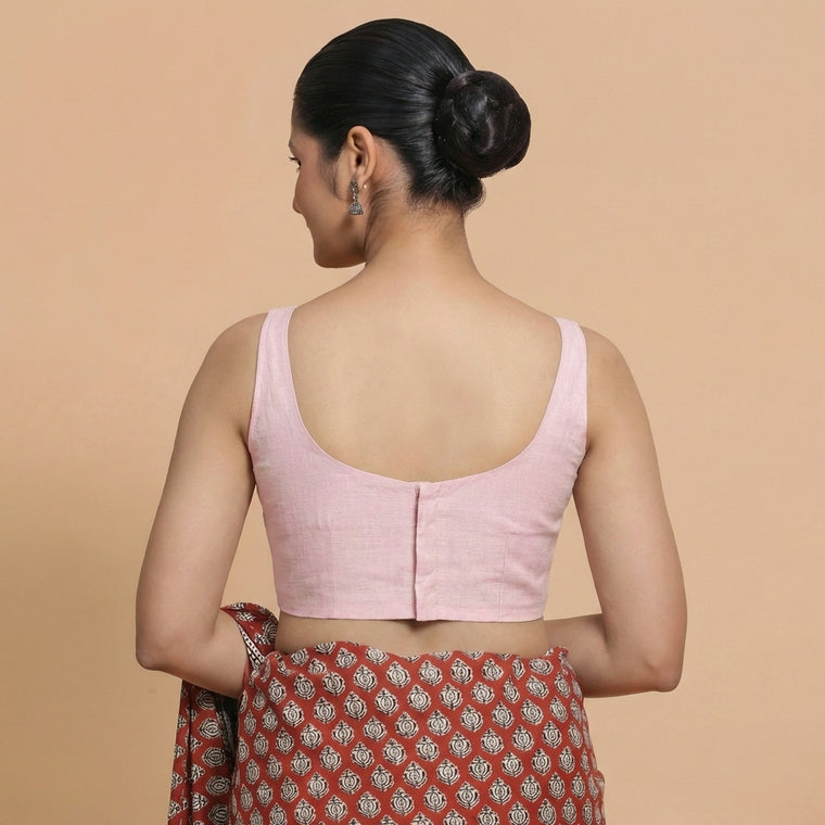 Sushmita x Rozaana Saree Blouse, in Pink Chandheri, featuring sleeveless and round neckline, made for party & festive (view 2).