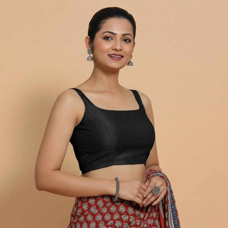 Sushmita x Rozaana | Sleeveless Black Chanderi Saree Blouse-Binks